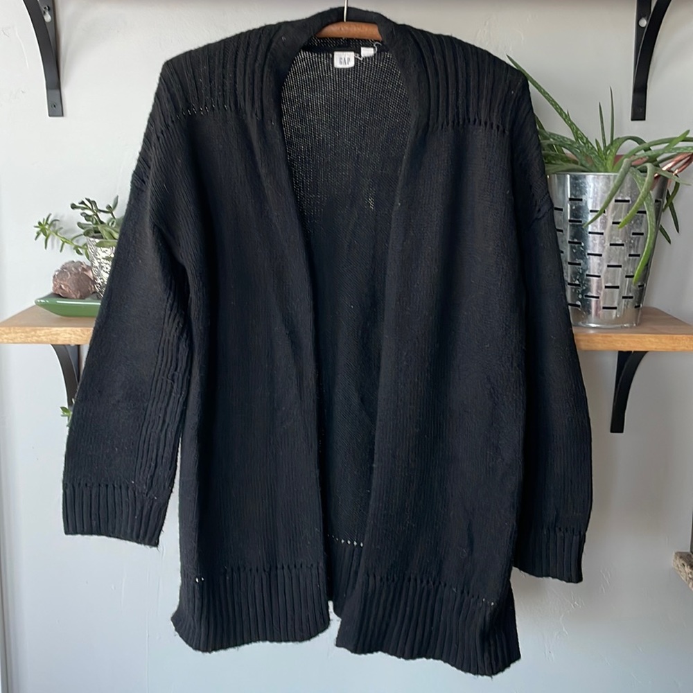 GAP Black Pointelle Long Wide Sleeve Open Duster Cardigan Sz Small